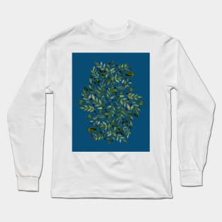 Seasonal branches and berries - green on blue Long Sleeve T-Shirt